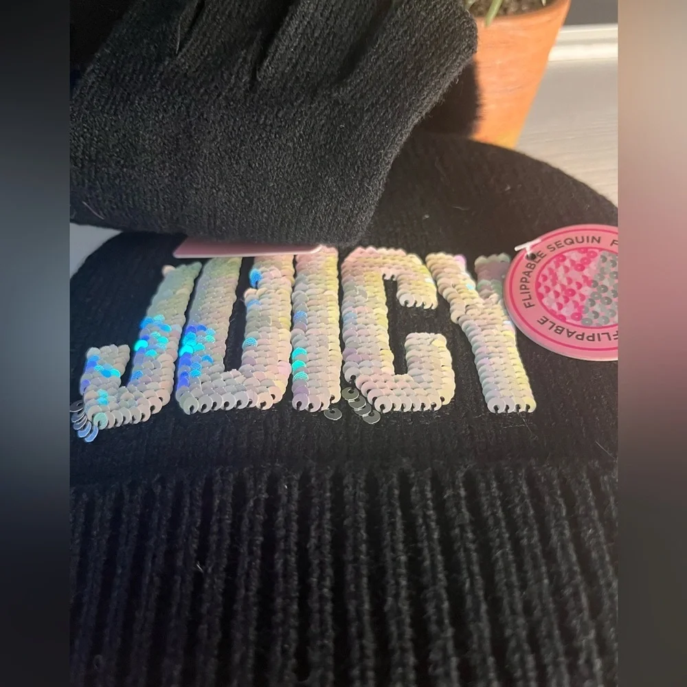 Juicy Couture Black Sequin JUICY Beanie & Gloves Winter Set Pom Hat NWT